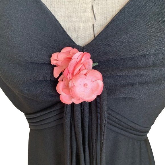 Vintage 70s Black Maxi Dress Poly With Rose Ties Groovy Hippie Hippy Boho - Picture 3 of 12